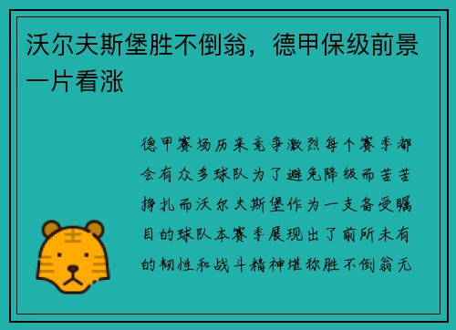 沃尔夫斯堡胜不倒翁，德甲保级前景一片看涨
